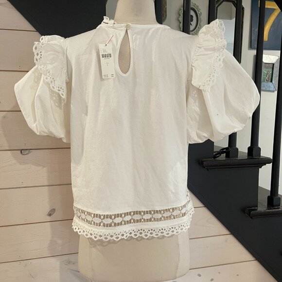 065 By Anthropologie Puff-Sleeve Cutwork Top NWT Size Large - Picture 8 of 9